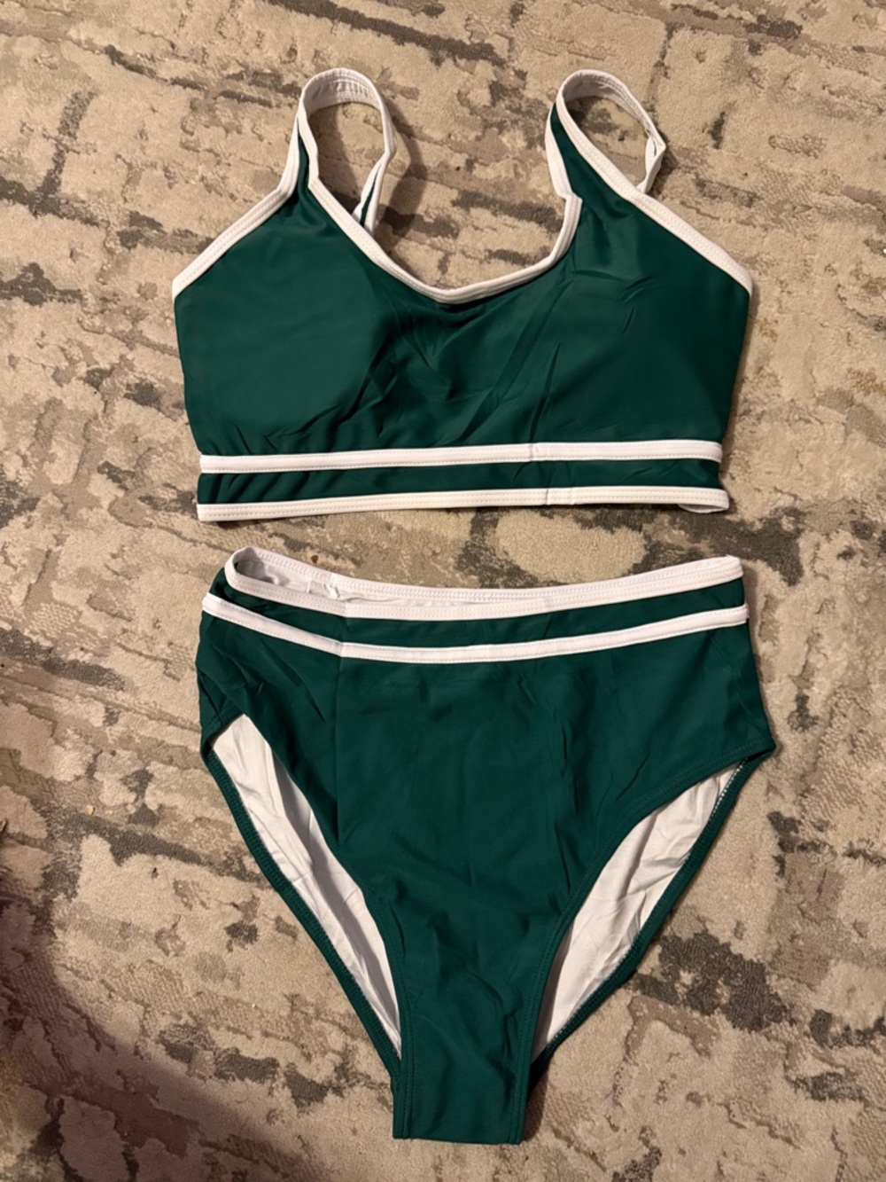 Women's Green High-Waist Bikini Set with White Trim